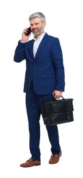 Photo of Mature businessman with briefcase talking on smartphone against white background