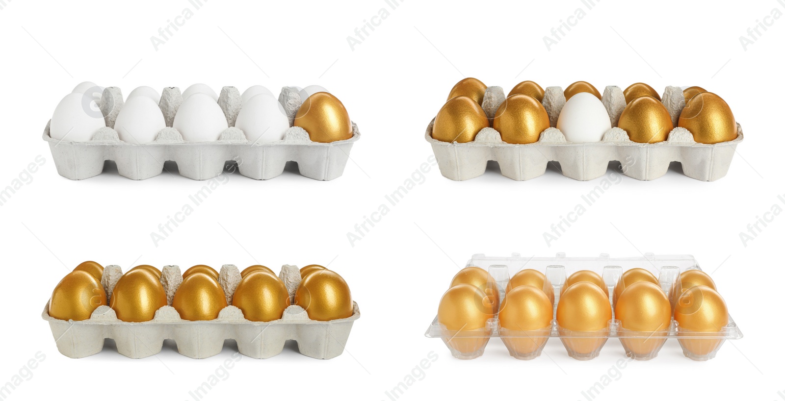 Image of Set with shiny golden eggs on white background. Banner design