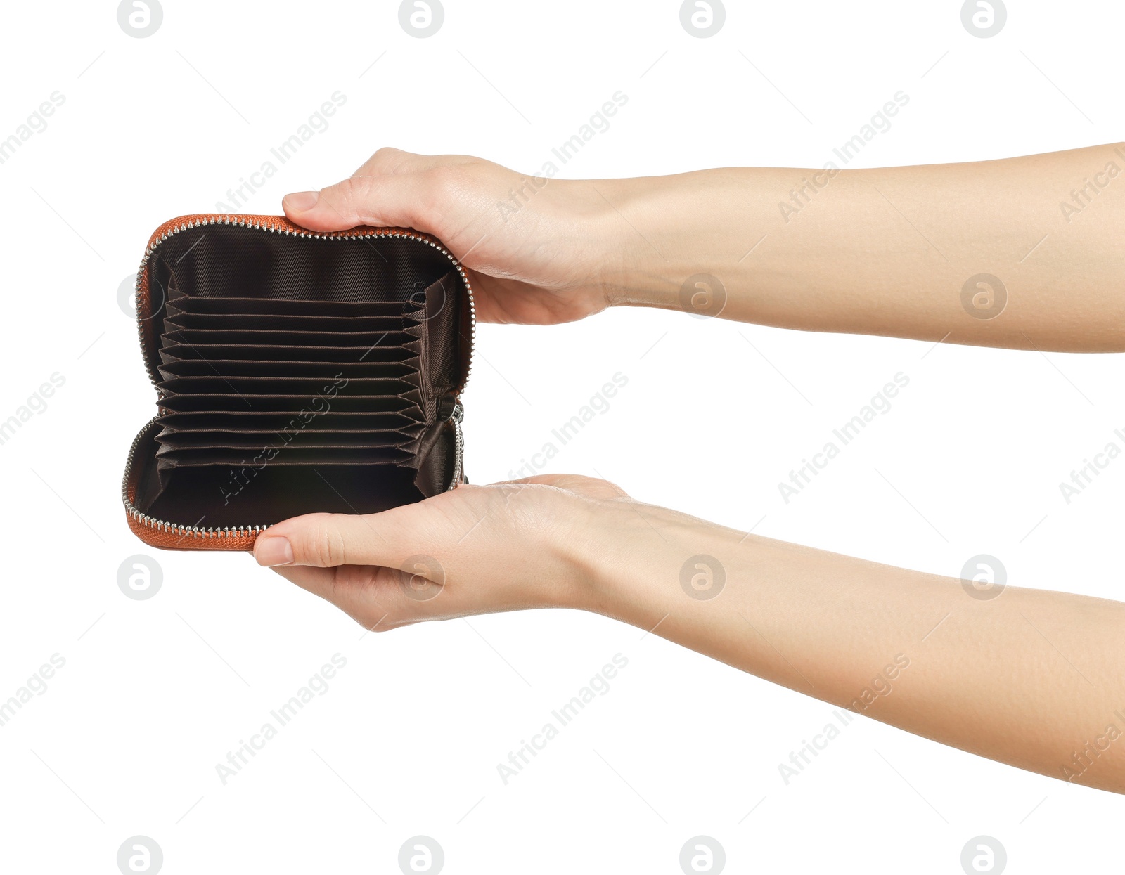 Photo of Woman with empty wallet on white background, closeup