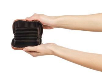 Woman with empty wallet on white background, closeup