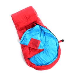 Photo of Sleeping bag on white background, top view. Camping equipment