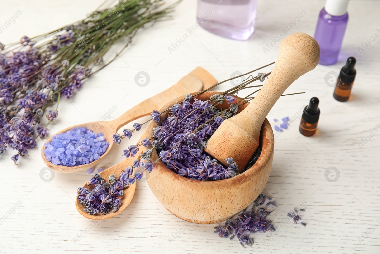 Photo of Composition with lavender flowers and natural cosmetic on table