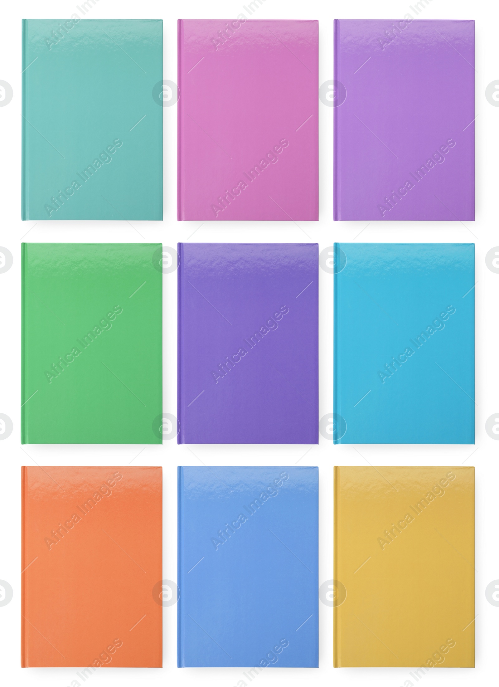 Image of Set with different multicolored planners on white background, top view