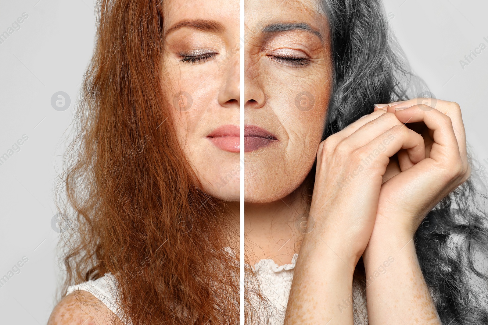 Image of Changes in appearance during aging. Portrait of woman divided in half to show her in younger and older ages. Collage design on white background