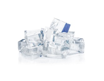 Photo of Crystal clear ice cubes on white background