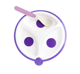 Photo of Plastic section plate with spoon isolated on white, top view. Serving baby food