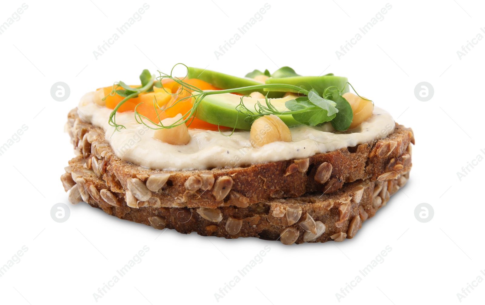 Photo of Tasty vegan sandwich with avocado, chickpeas and bell pepper isolated on white