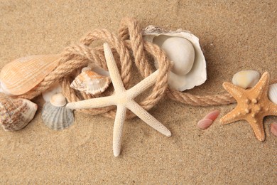Beautiful sea stars, shells and rope on sand, above view
