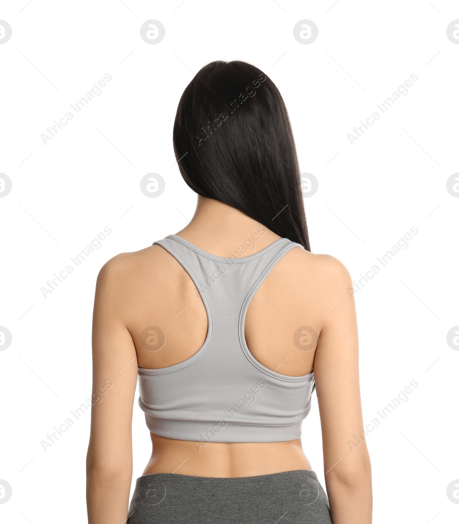 Photo of Woman with healthy back on white background. Visiting orthopedist