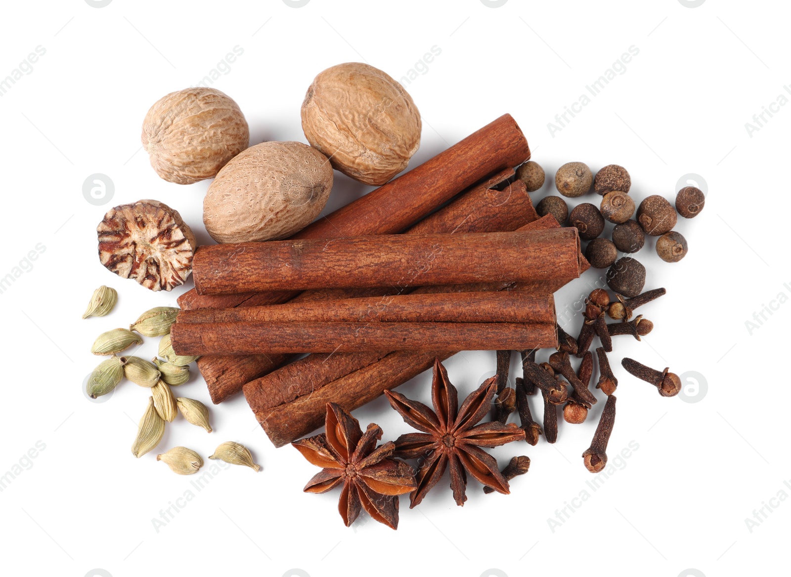 Photo of Different spices on white background, top view