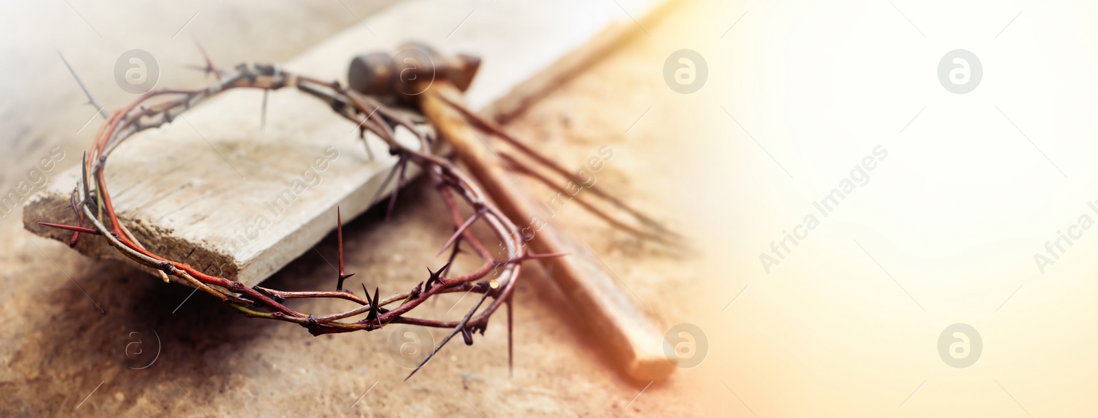 Image of Passion Of Jesus Christ. Crown of thorns, hammer and wooden plank on ground, banner design
