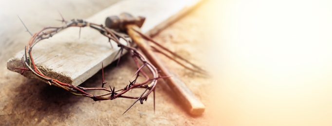 Image of Passion Of Jesus Christ. Crown of thorns, hammer and wooden plank on ground, banner design