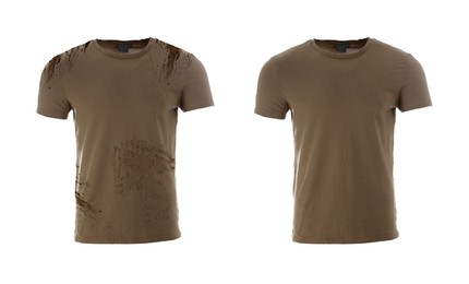 Image of Stylish t-shirt before and after washing on white background, collage. Dry-cleaning service