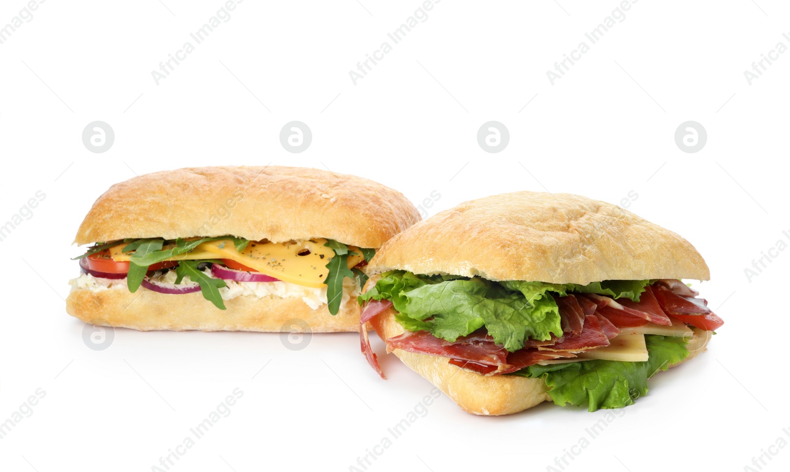 Photo of Delicious sandwiches with fresh vegetables isolated on white