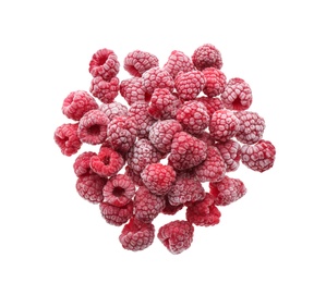 Photo of Heap of tasty frozen raspberries on white background, top view