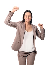 Portrait of emotional businesswoman posing on white background