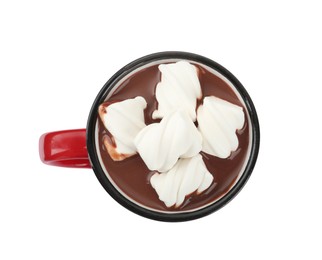 Cup of delicious hot chocolate with marshmallows isolated on white, top view