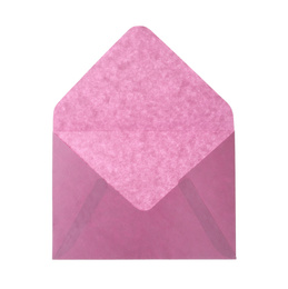 Pink paper envelope isolated on white. Mail service