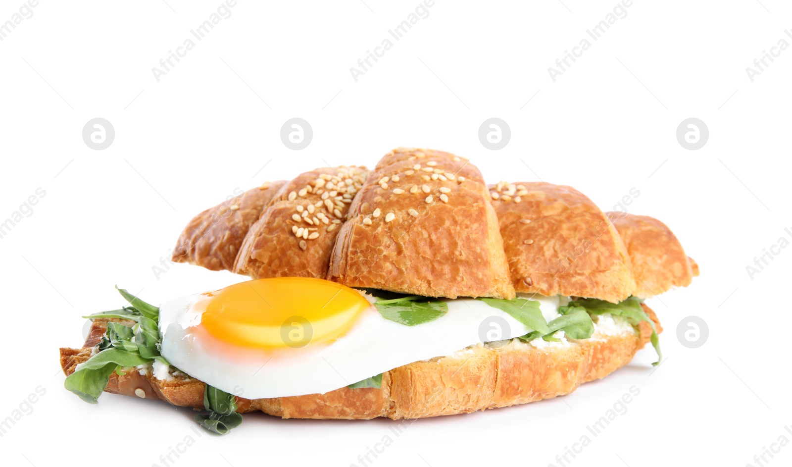 Photo of Delicious croissant with arugula and fried egg isolated on white