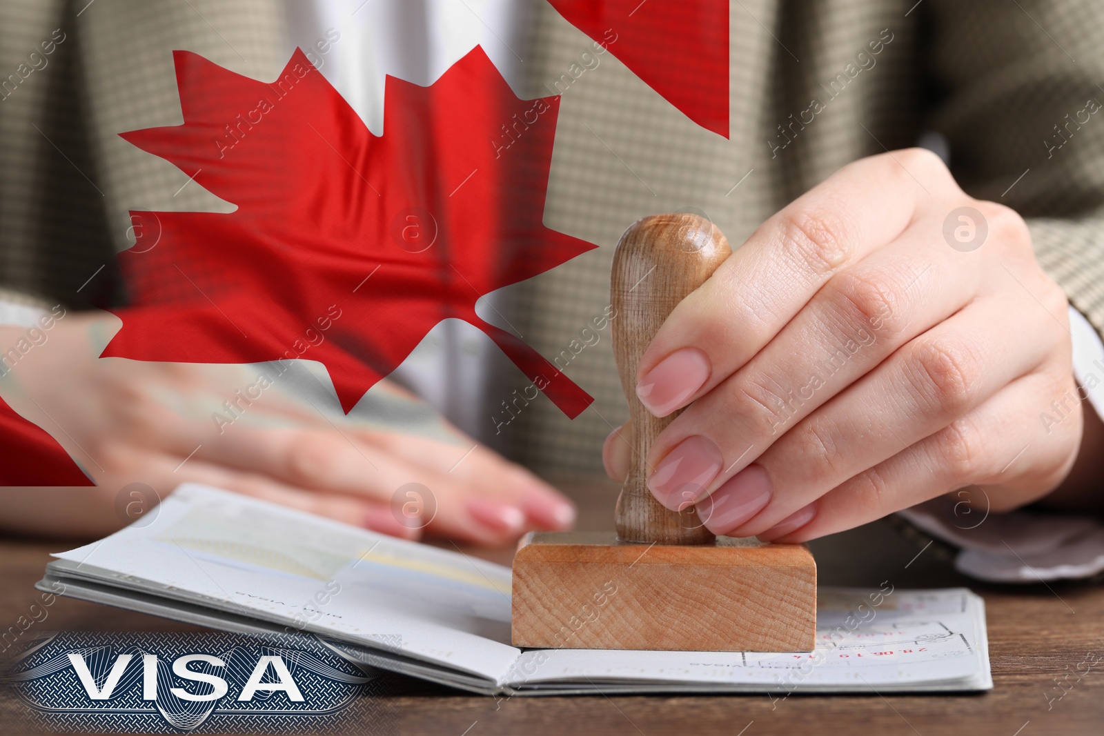 Image of Multiple exposure of woman stamping visa page in passport and flag of Canada, closeup