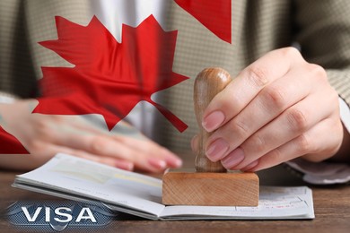 Image of Multiple exposure of woman stamping visa page in passport and flag of Canada, closeup