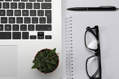 Modern laptop, notebook, pen, glasses and houseplant on white background, flat lay