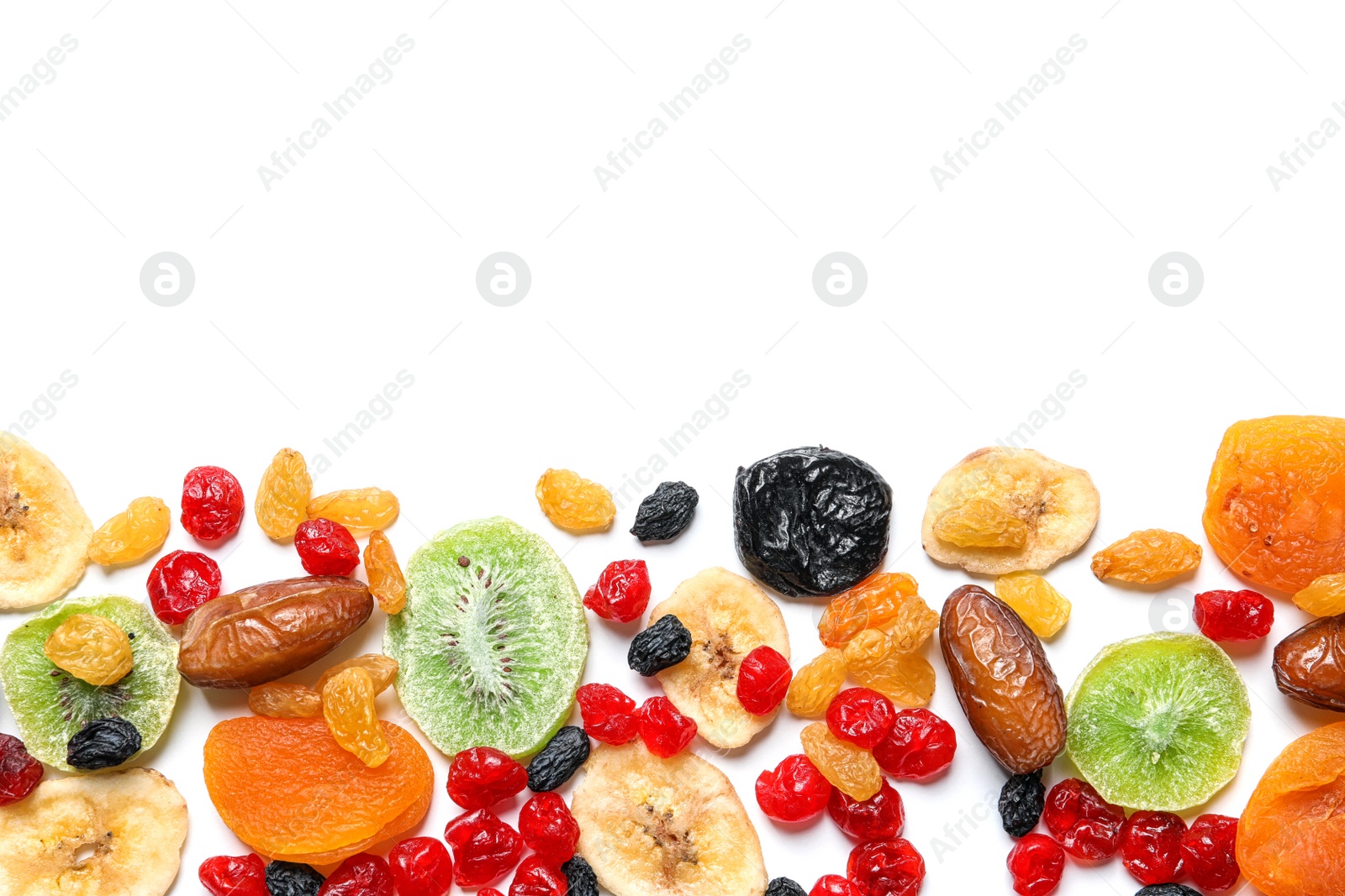 Photo of Different dried fruits on white background, top view. Healthy lifestyle