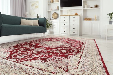 Photo of Stylish living room with beautiful carpet and furniture, closeup. Interior design