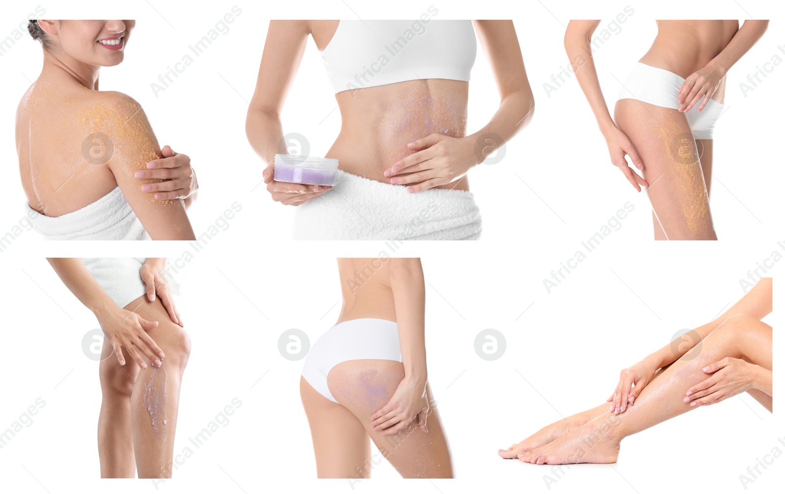 Image of Collage with photos of young women applying body scrubs on white background, closeup