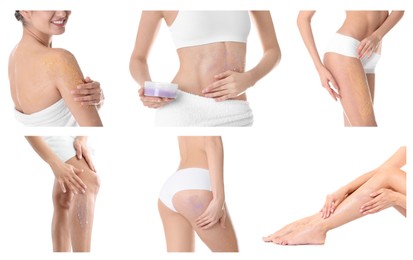Image of Collage with photos of young women applying body scrubs on white background, closeup