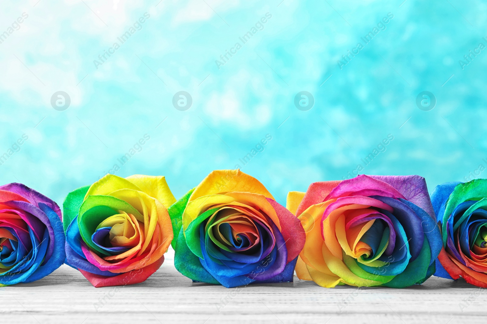 Photo of Rainbow rose flowers on table against color background