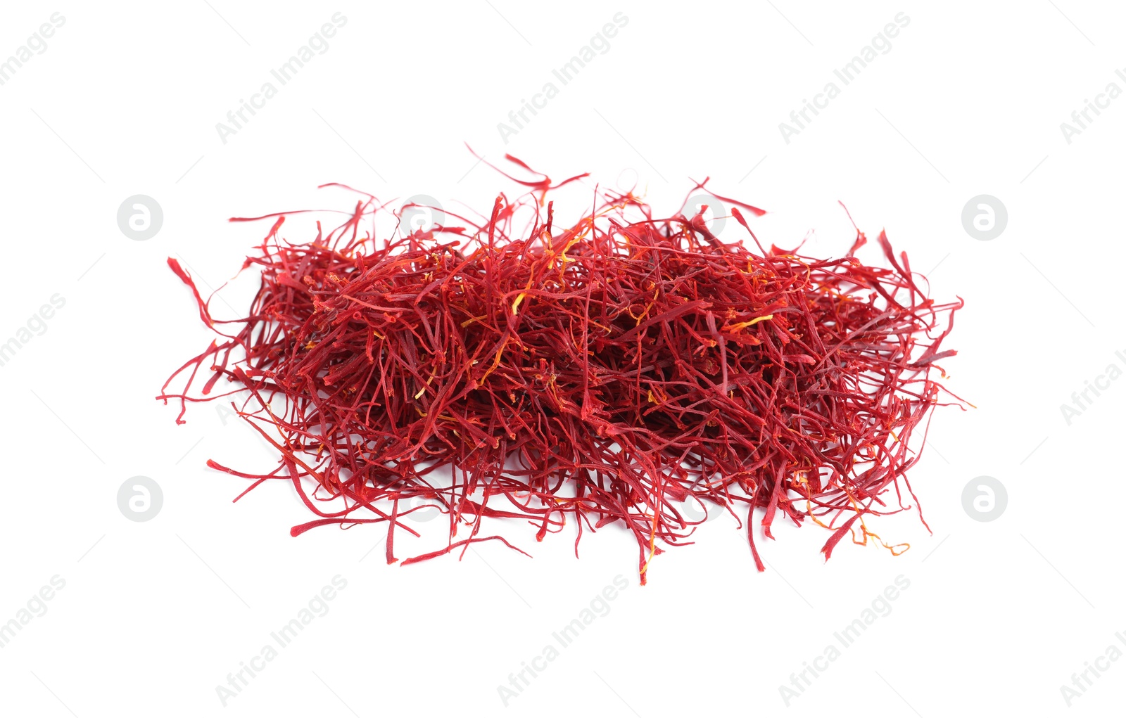 Photo of Pile of dried saffron isolated on white, top view