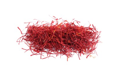 Photo of Pile of dried saffron isolated on white, top view