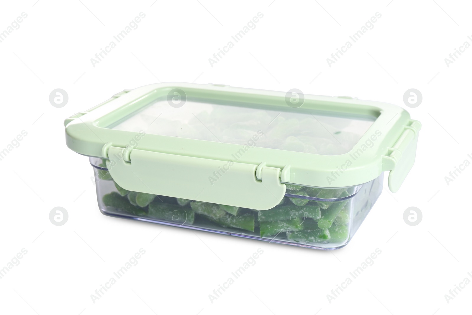 Photo of Frozen green beans in plastic container isolated on white. Vegetable preservation