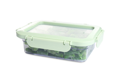 Frozen green beans in plastic container isolated on white. Vegetable preservation