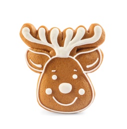 Photo of Deer shaped Christmas cookie isolated on white