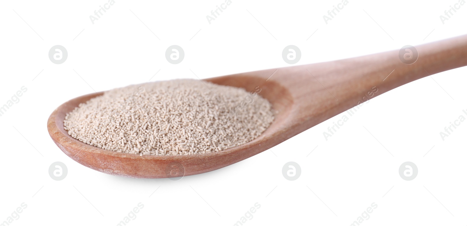 Photo of Spoon with active dry yeast isolated on white