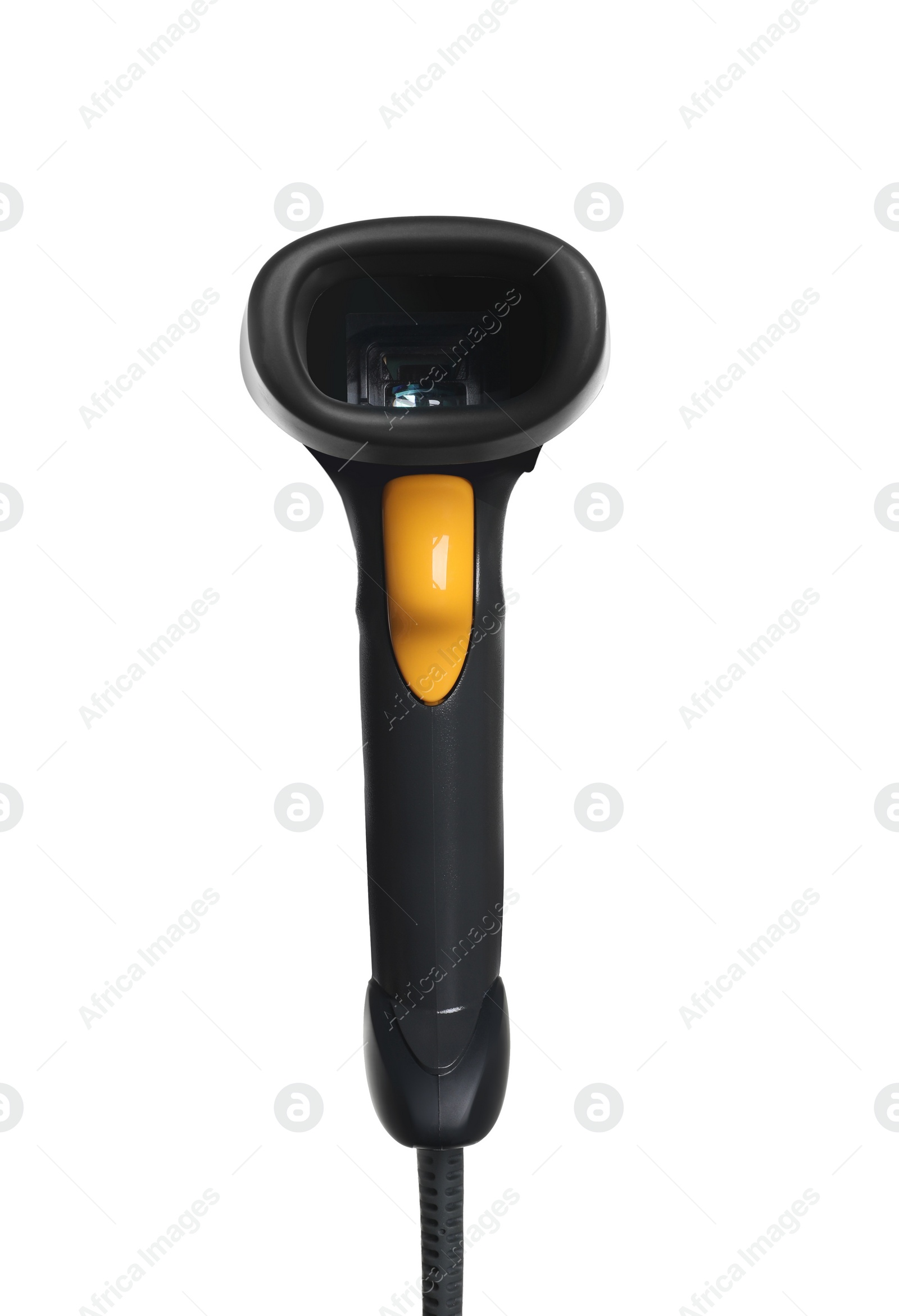 Photo of Black modern barcode scanner isolated on white