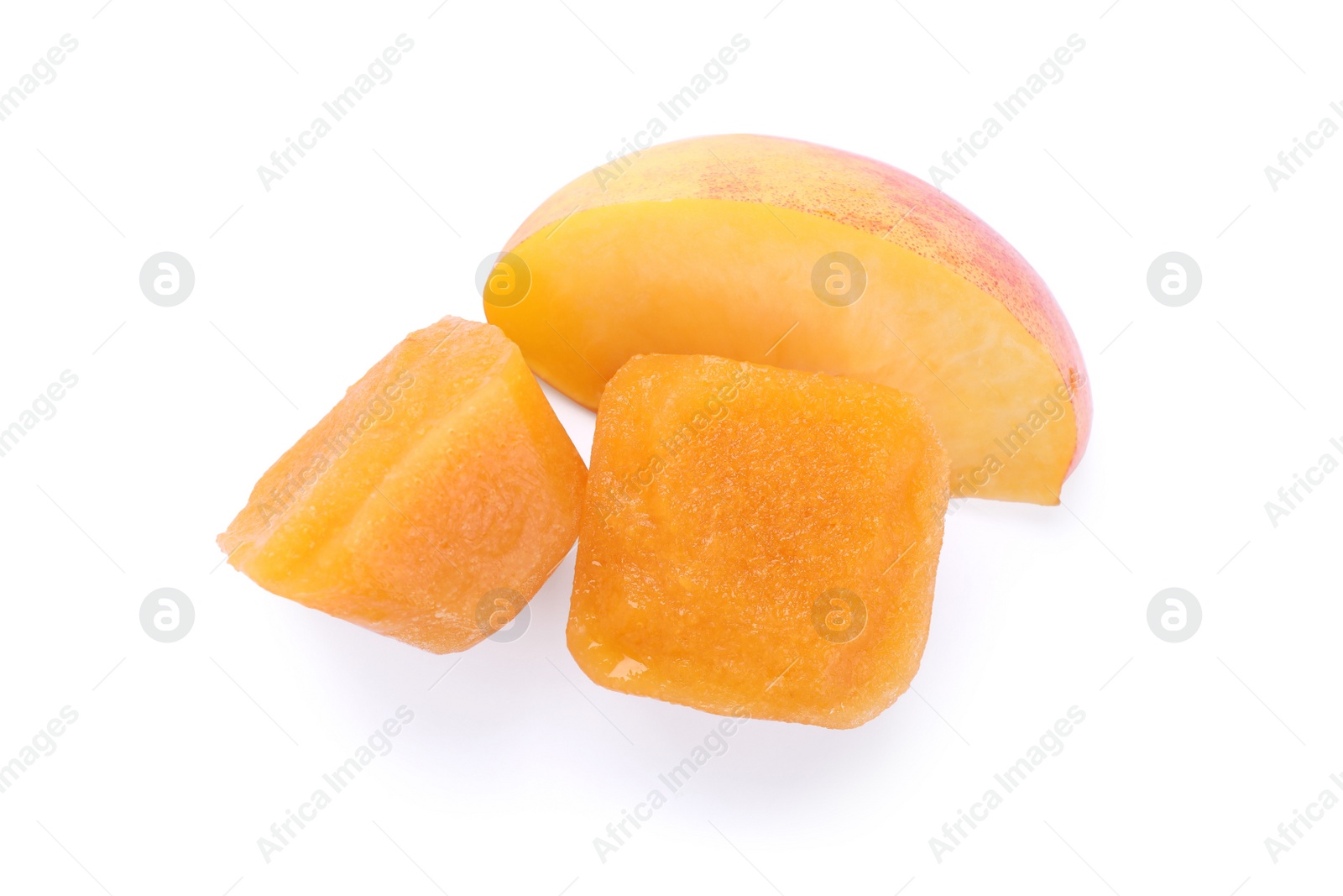 Photo of Frozen nectarine puree cubes and fruit on white background, top view