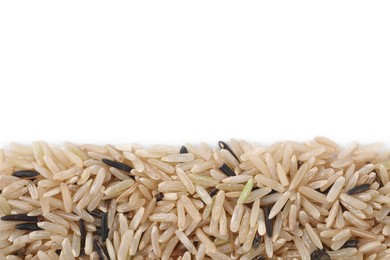 Raw unpolished rice isolated on white, top view