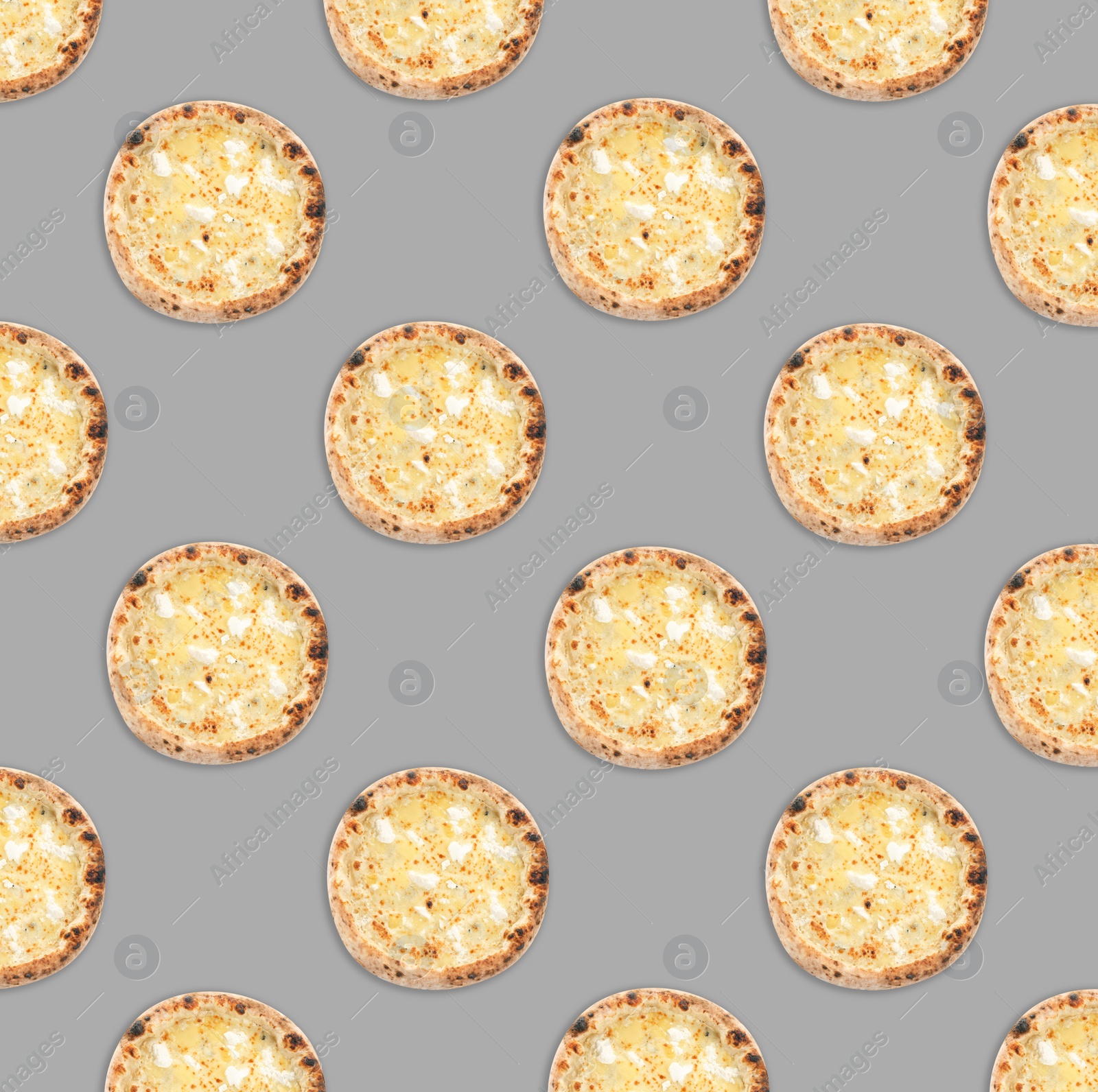 Image of Many delicious cheese pizzas on light grey background, flat lay. Seamless pattern design
