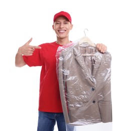 Dry-cleaning delivery. Happy courier holding jacket in plastic bag on white background