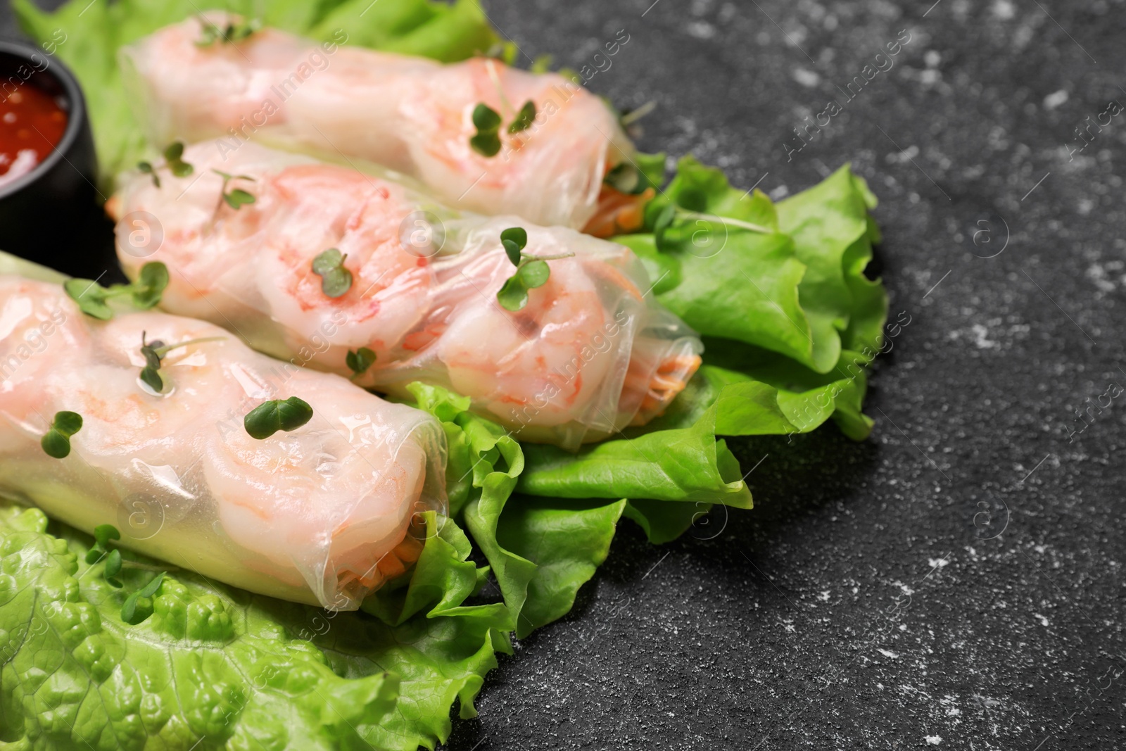 Photo of Tasty spring rolls served with lettuce and microgreens on grey textured table, closeup