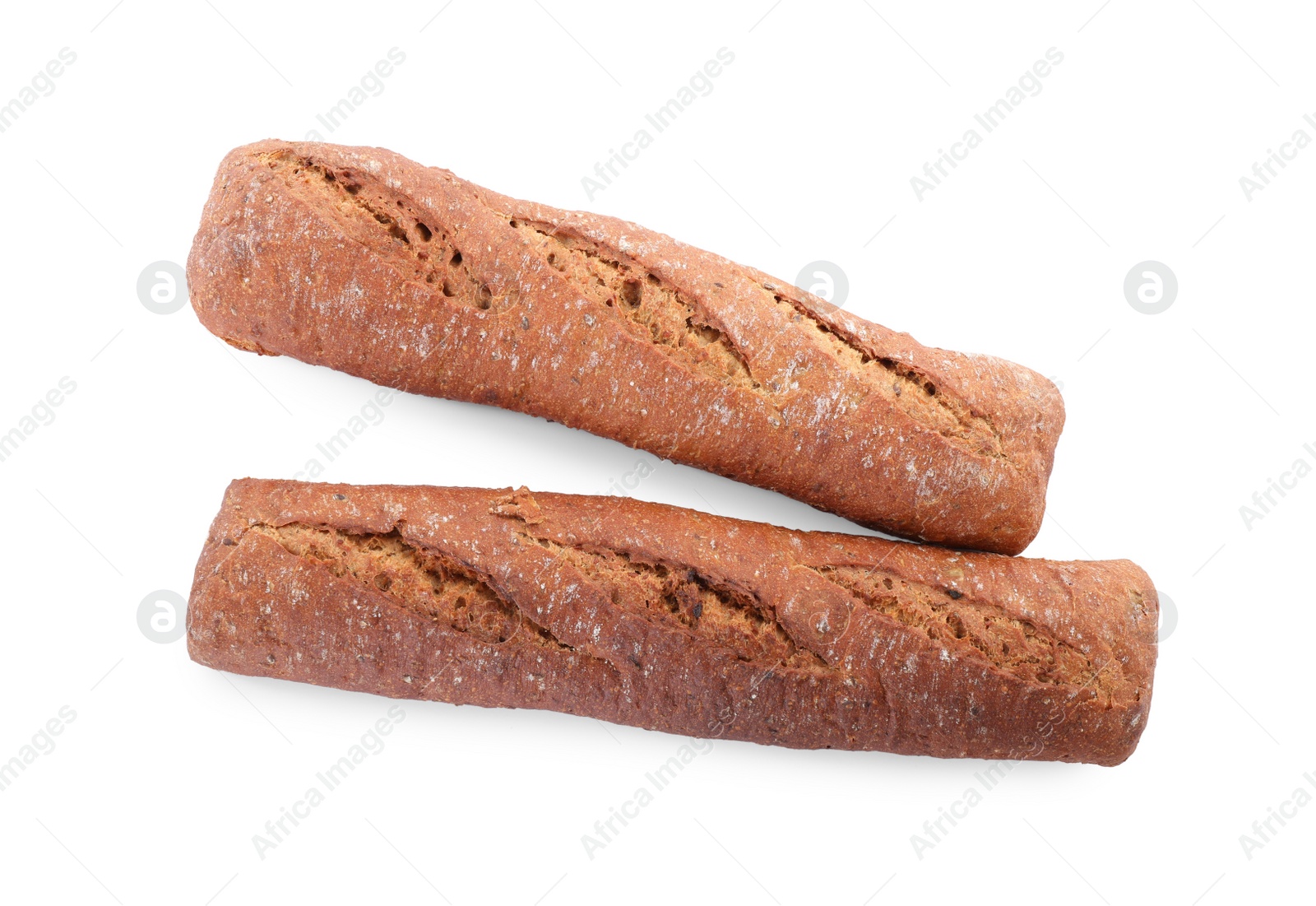 Photo of Tasty rye baguettes on white background, top view. Fresh bread