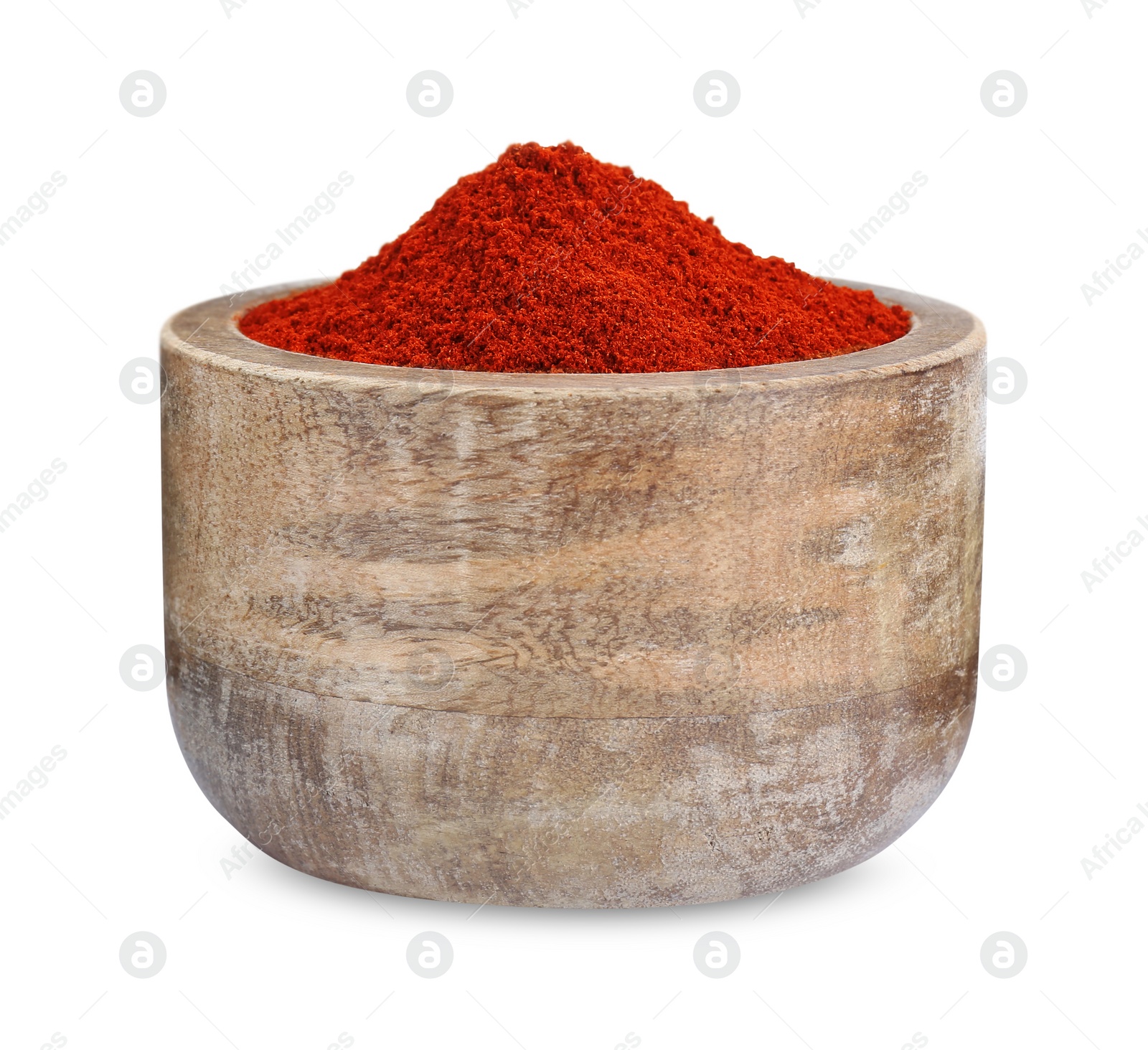 Photo of Bowl with aromatic paprika powder isolated on white