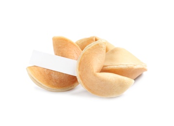 Photo of Traditional fortune cookies with prediction on white background