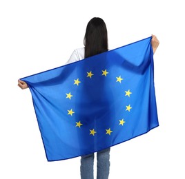 Photo of Woman holding European Union flag on white background, back view