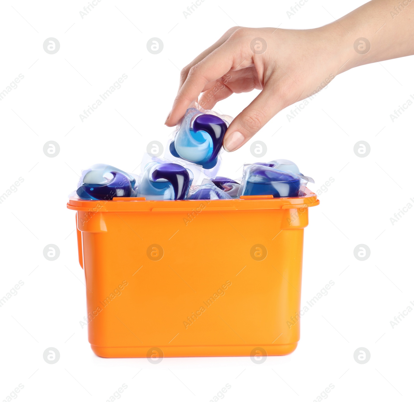 Photo of Woman taking laundry capsule out of box against white background, closeup