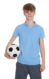 Photo of Teenage boy with soccer ball on white background