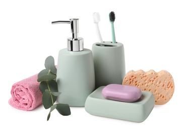 Bath accessories. Set of different personal care products and eucalyptus leaves isolated on white